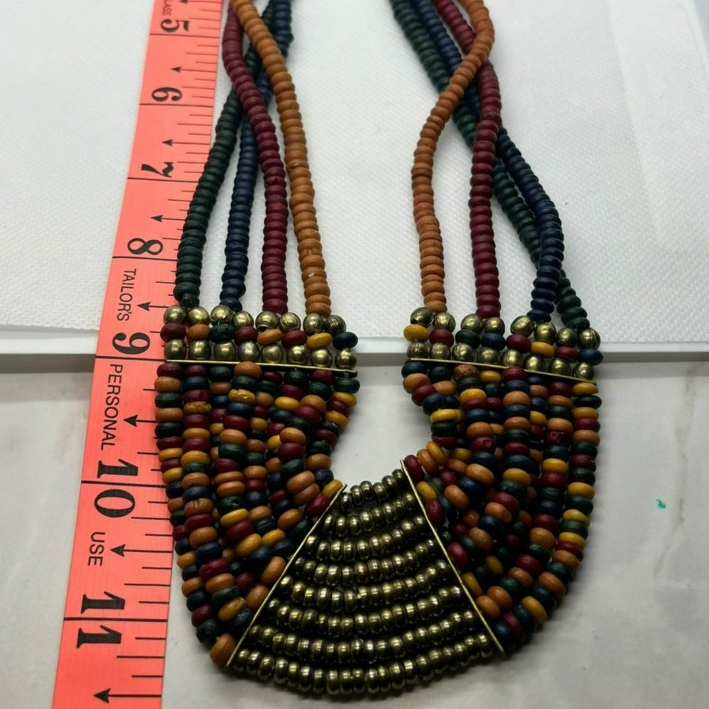 Boho Chic Trendy Multi Strand VTG Blue Red Black Natural Rondelle Bead Necklace - Picture 8 of 8